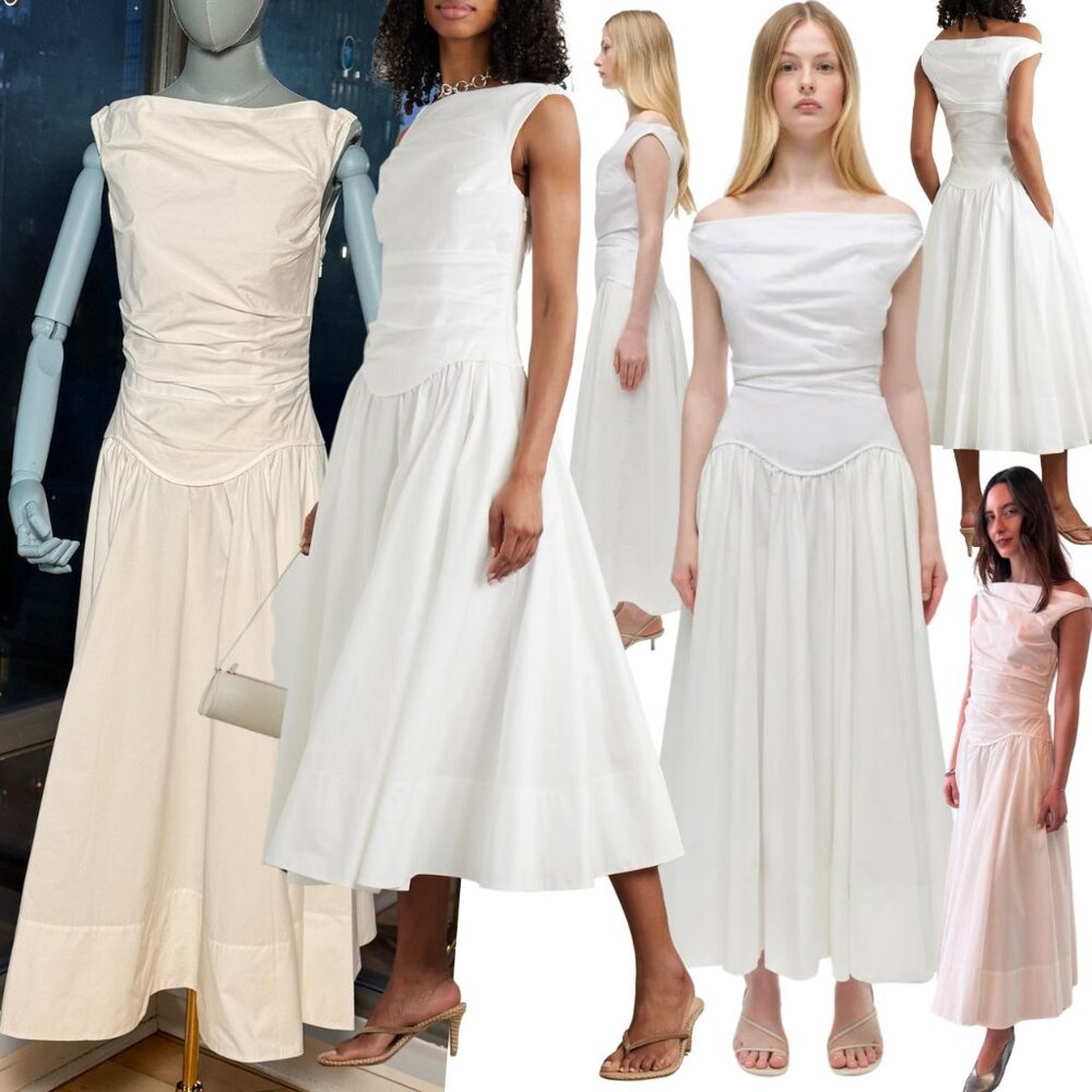 🆕 SIMKHAI 🧿 NWOT Cersei Off Shoulder Draped Midi Dress, White Poplin - Sz US 2